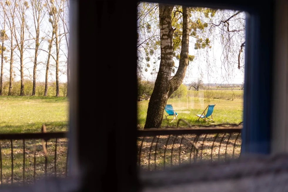 Widok z okna chaty na drzewa i leżaki